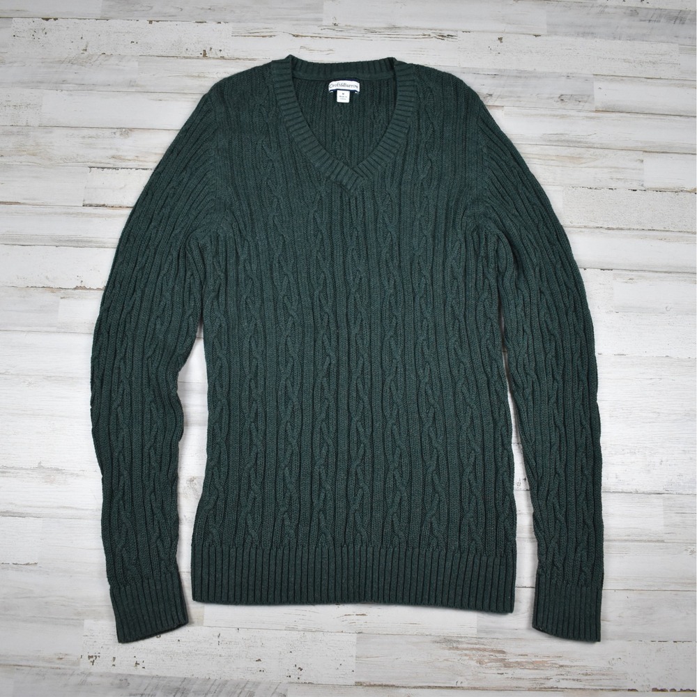 Womens V Neck Sweater Green Cable Knit Stretch Cotton Pullover Preppy Academia M